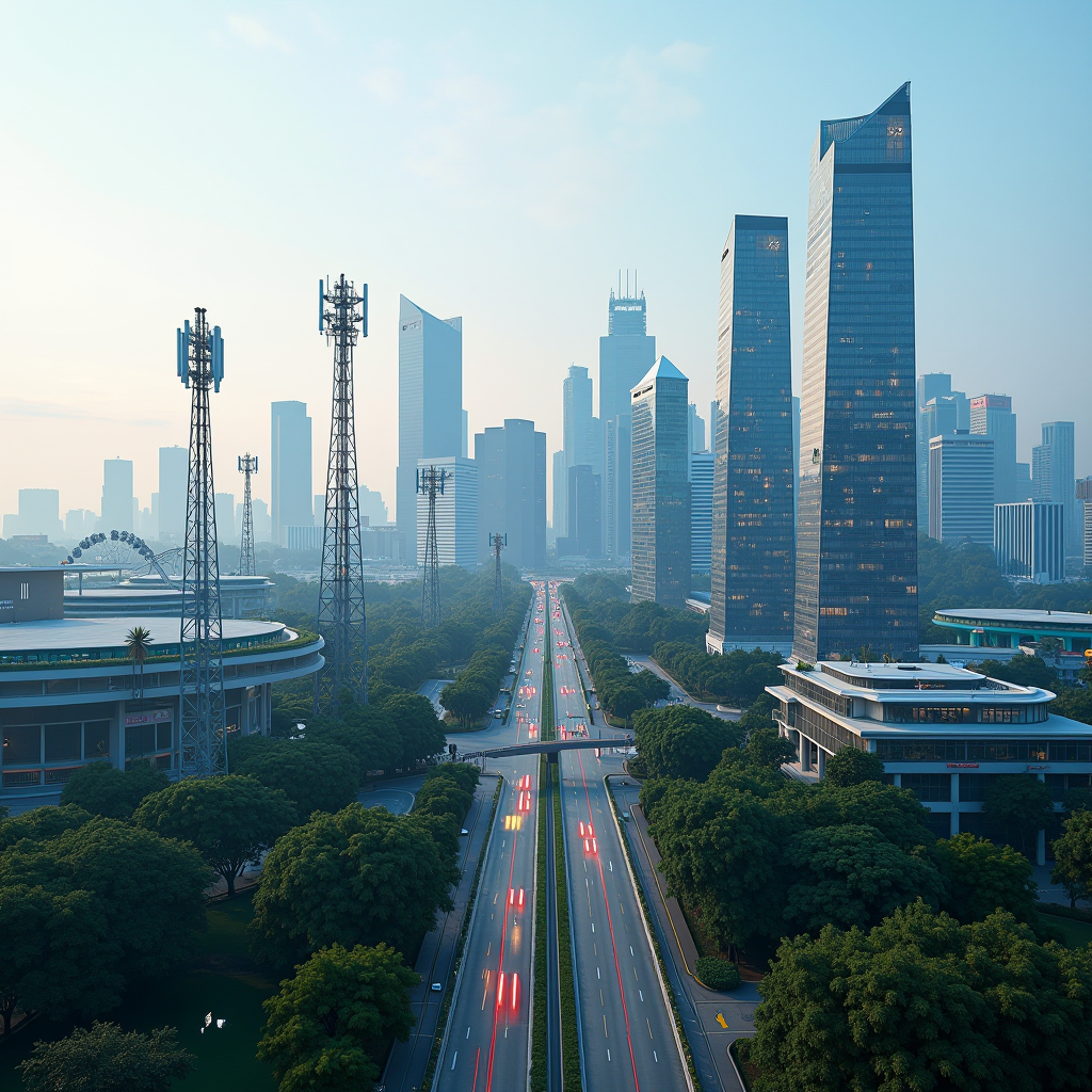 Modern Singapore cityscape with telecommunications towers and mobile network infrastructure, showcasing the advanced connectivity ecosystem and 5G technology deployment across the urban landscape