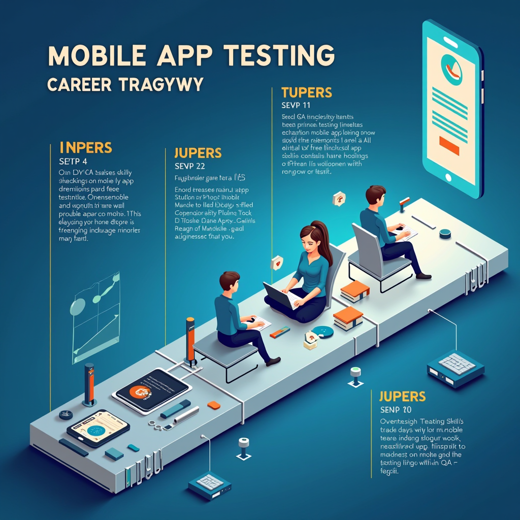 Infographic displaying mobile app testing career trajectory with salary ranges, skill requirements at each level, and growth timeline from entry-level tester to senior QA positions