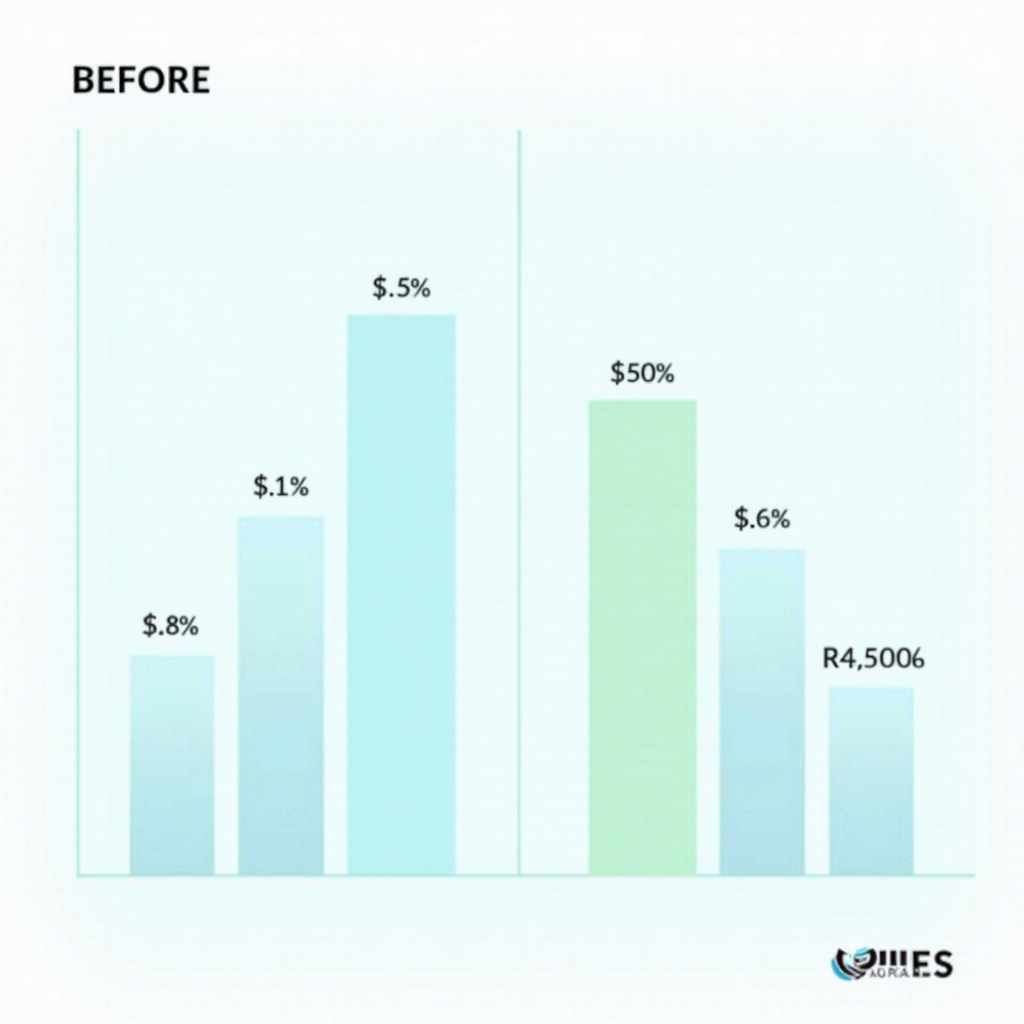 Professional comparison chart showing before and after mobile app testing metrics, displaying bug detection rates, cost savings, user satisfaction scores, and launch success rates with clear bar graphs and trend lines in blue and green colors